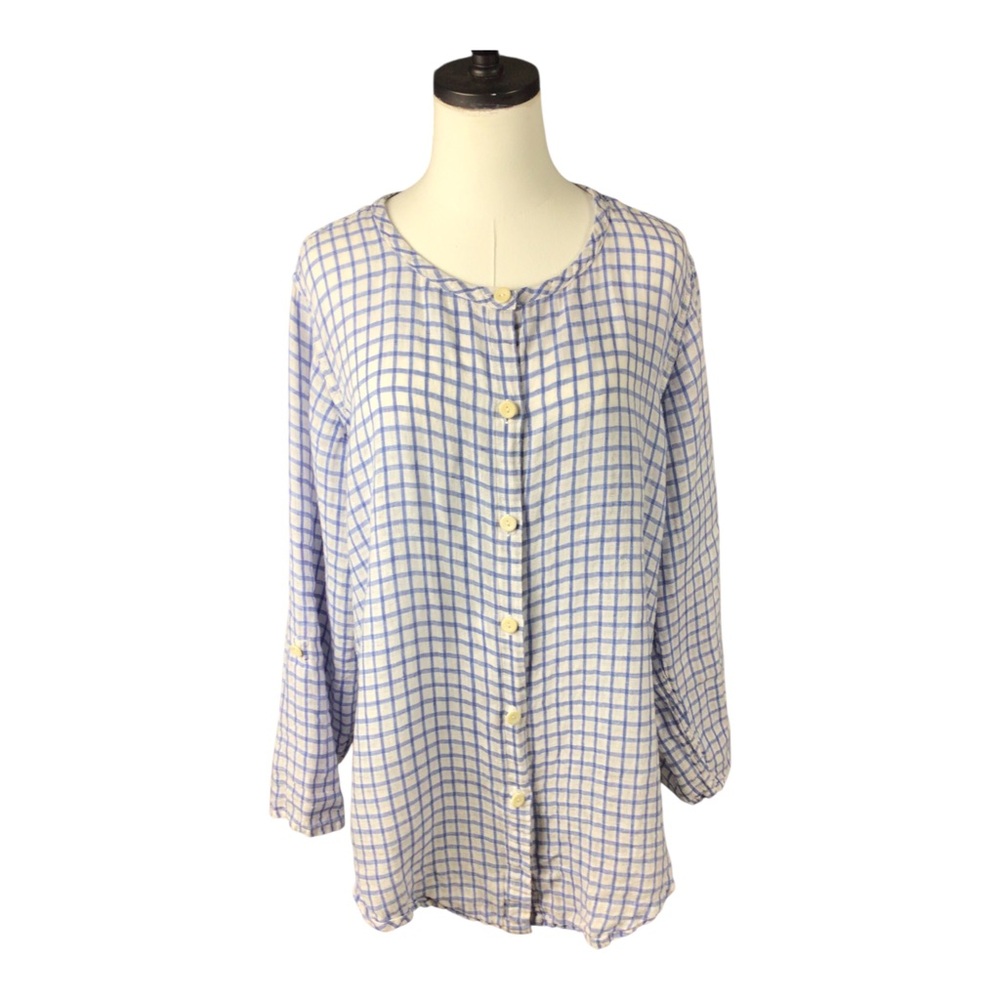 Flax Linen Blue White Check Button Up Small Top Blouse Beachy Cottagecore